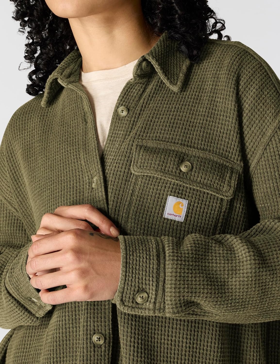 image:imageCarhartt Womens Oversizedfit Heavyweight Waffle Knit ShirtDark Bronzed Green