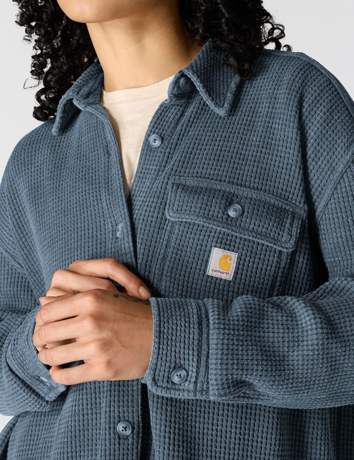 image:imageCarhartt Womens Oversizedfit Heavyweight Waffle Knit ShirtFaded Navy